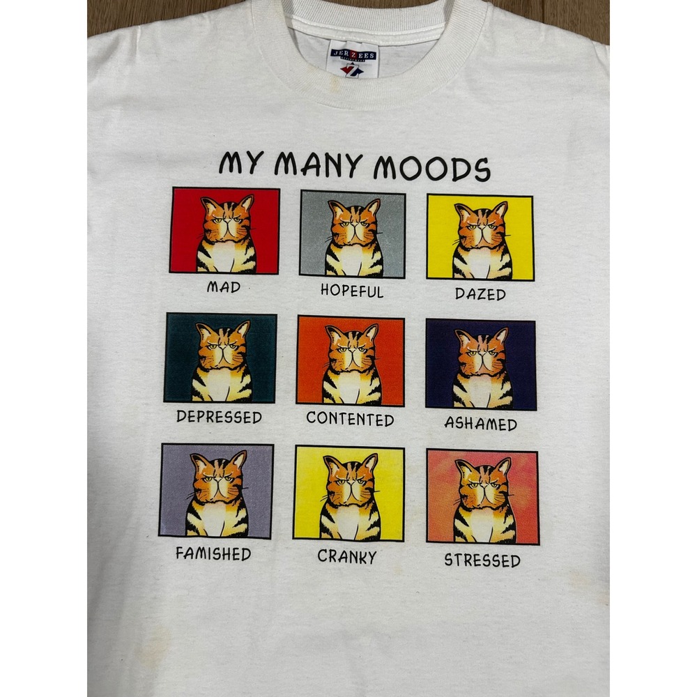 Vintage Jerzees My Many Moods Cat Graphic T-Shirt White Large Made in USA 90s